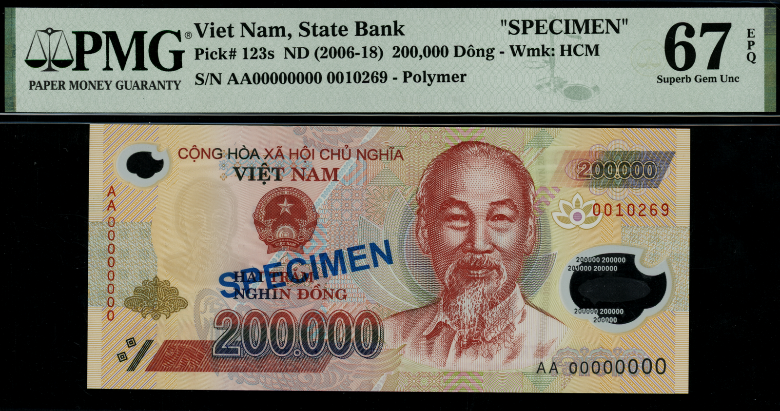 Vietnam ND(2006-18) Specimen 200,000 Dong AA00000000 0010269 PMG